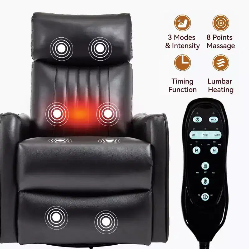 Fauteuil inclinable manuel en simili cuir noir avec massage chauffant, à bascule et pivotant pour salon