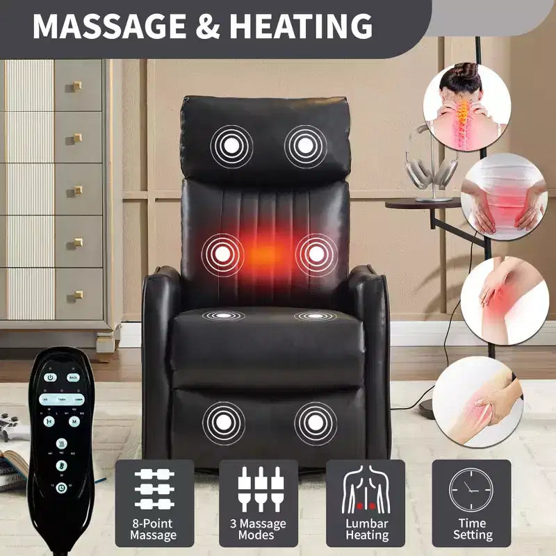 Fauteuil inclinable manuel en simili cuir noir avec massage chauffant, à bascule et pivotant pour salon