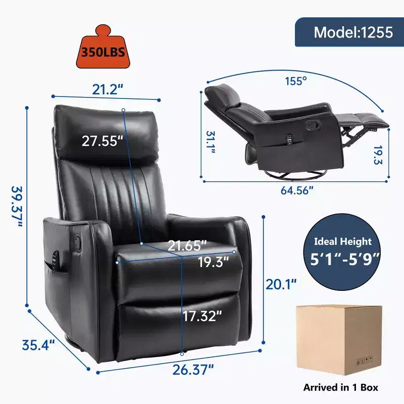 Fauteuil inclinable manuel en simili cuir noir avec massage chauffant, à bascule et pivotant pour salon