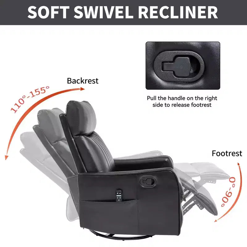 Fauteuil inclinable manuel en simili cuir noir avec massage chauffant, à bascule et pivotant pour salon