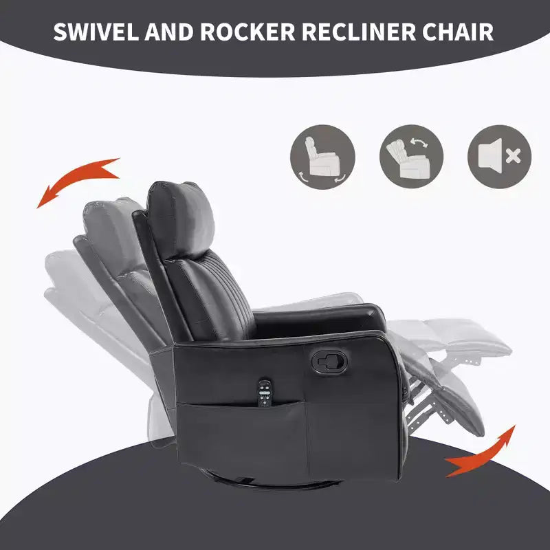 Fauteuil inclinable manuel en simili cuir noir avec massage chauffant, à bascule et pivotant pour salon