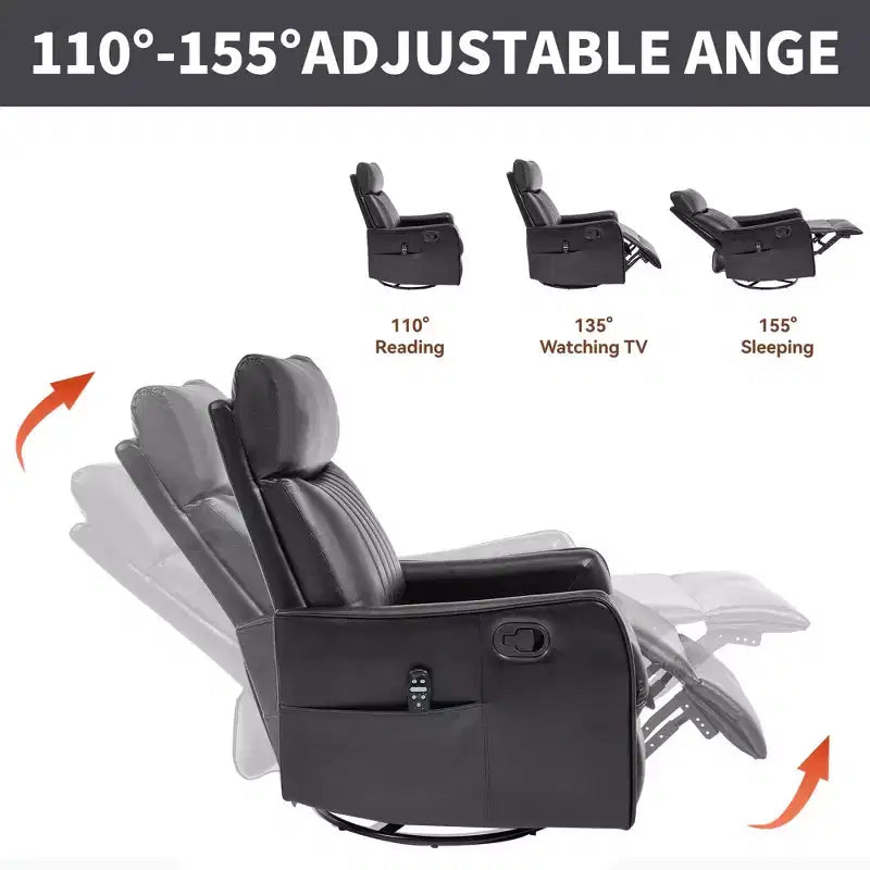 Fauteuil inclinable manuel en simili cuir noir avec massage chauffant, à bascule et pivotant pour salon