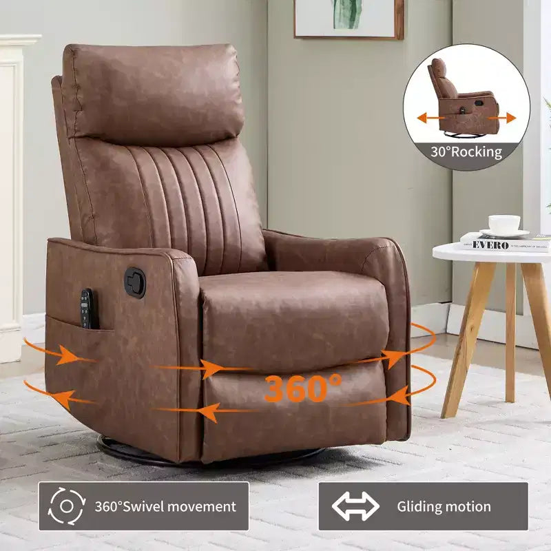 Fauteuil inclinable manuel en simili cuir noir avec massage chauffant, à bascule et pivotant pour salon