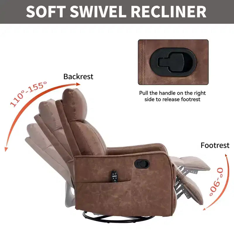 Fauteuil inclinable manuel en simili cuir noir avec massage chauffant, à bascule et pivotant pour salon