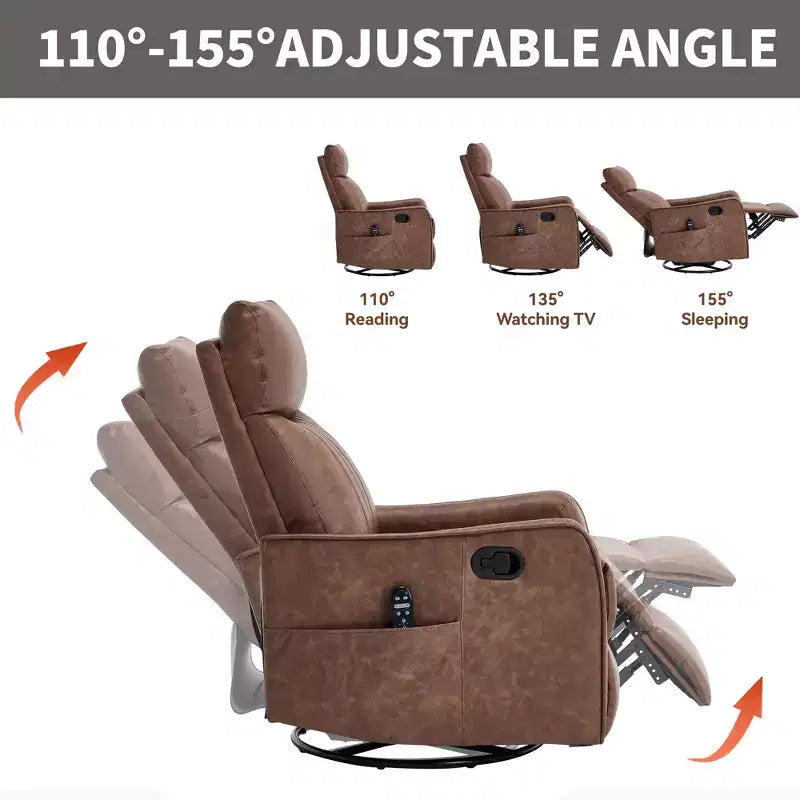 Fauteuil inclinable manuel en simili cuir noir avec massage chauffant, à bascule et pivotant pour salon