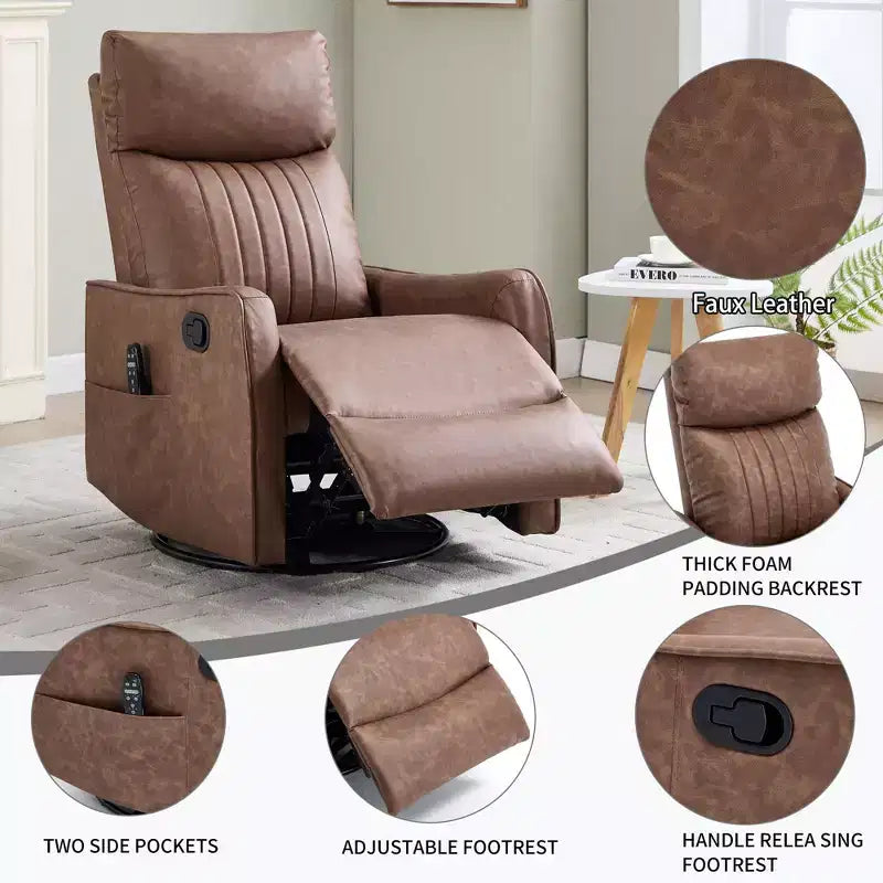 Fauteuil inclinable manuel en simili cuir noir avec massage chauffant, à bascule et pivotant pour salon