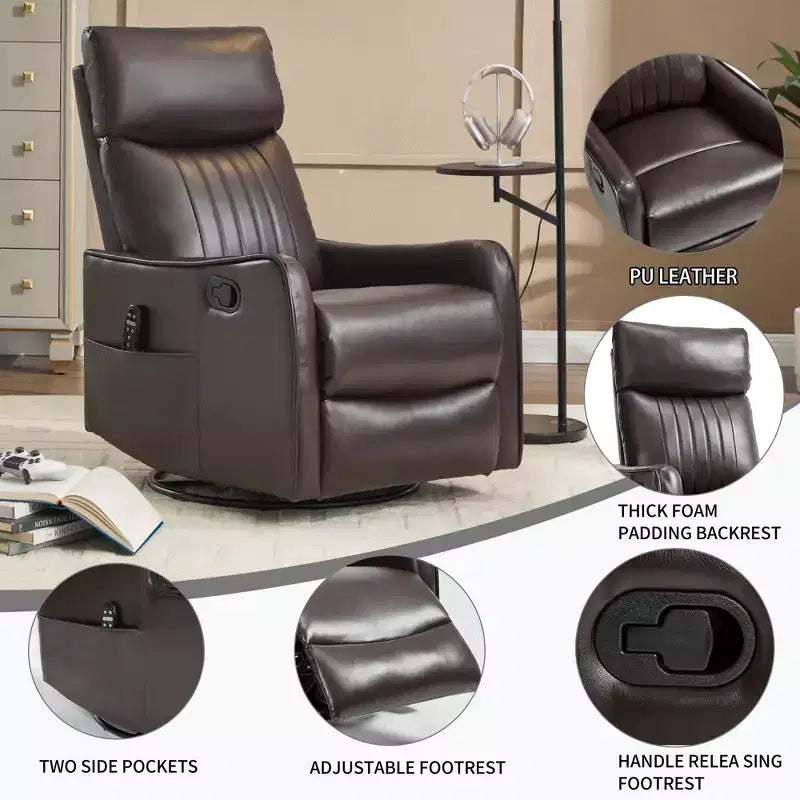 Fauteuil inclinable manuel en simili cuir noir avec massage chauffant, à bascule et pivotant pour salon