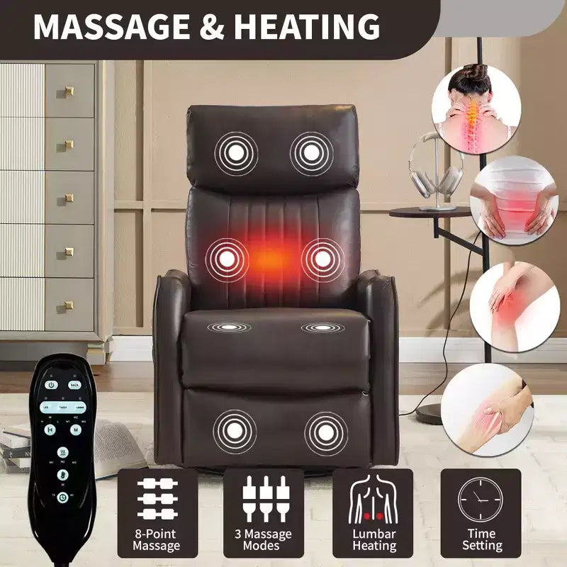 Fauteuil inclinable manuel en simili cuir noir avec massage chauffant, à bascule et pivotant pour salon
