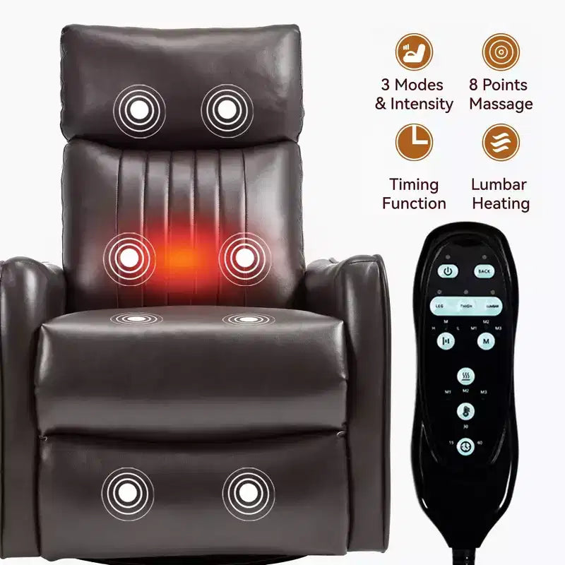 Fauteuil inclinable manuel en simili cuir noir avec massage chauffant, à bascule et pivotant pour salon