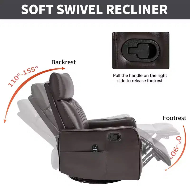 Fauteuil inclinable manuel en simili cuir noir avec massage chauffant, à bascule et pivotant pour salon