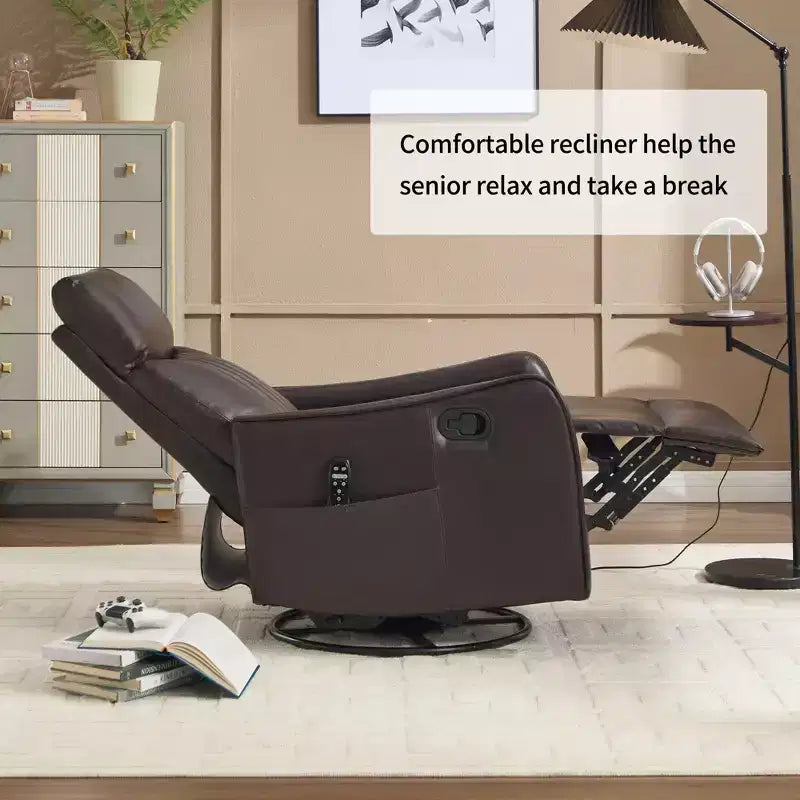 Fauteuil inclinable manuel en simili cuir noir avec massage chauffant, à bascule et pivotant pour salon