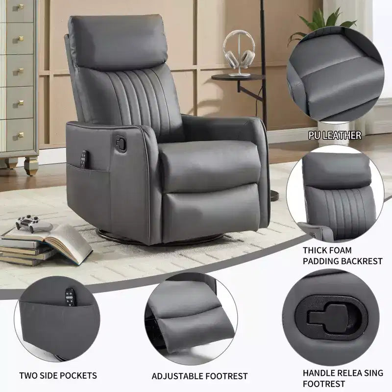 Fauteuil inclinable manuel en simili cuir noir avec massage chauffant, à bascule et pivotant pour salon