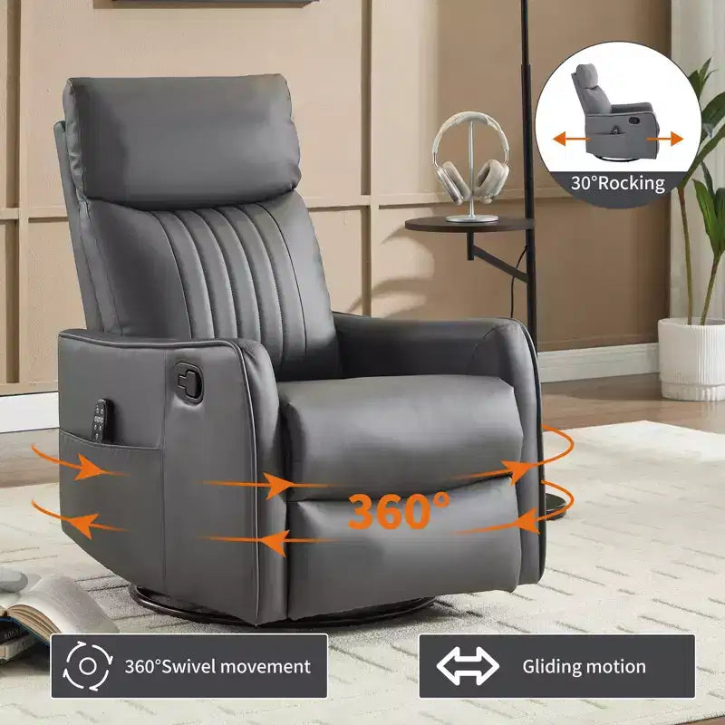 Fauteuil inclinable manuel en simili cuir noir avec massage chauffant, à bascule et pivotant pour salon