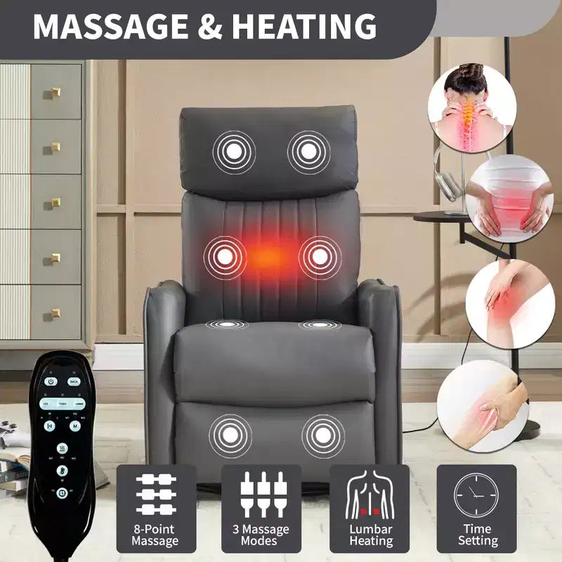 Fauteuil inclinable manuel en simili cuir noir avec massage chauffant, à bascule et pivotant pour salon