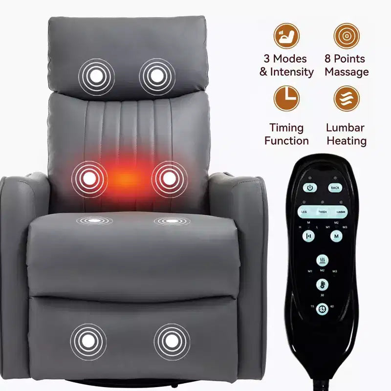 Fauteuil inclinable manuel en simili cuir noir avec massage chauffant, à bascule et pivotant pour salon