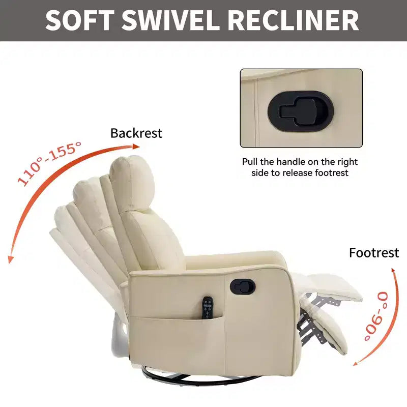 Black Faux Leather Heat Massage Manual Recliner Chair with Rocker and Swivel for Living Room