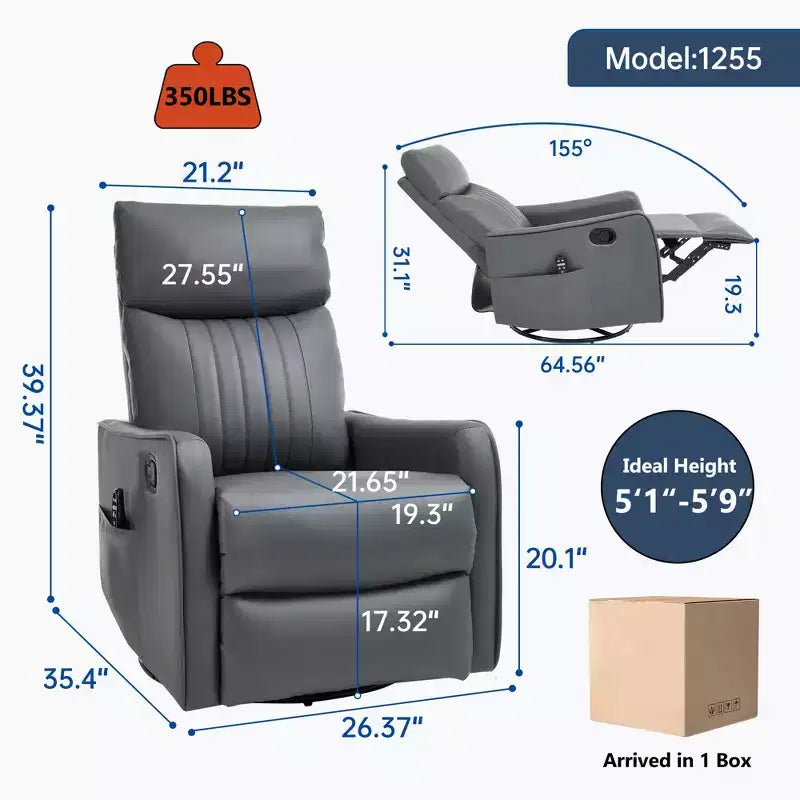 Fauteuil inclinable manuel en simili cuir noir avec massage chauffant, à bascule et pivotant pour salon