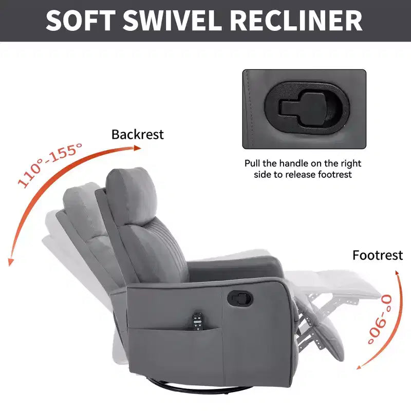 Fauteuil inclinable manuel en simili cuir noir avec massage chauffant, à bascule et pivotant pour salon