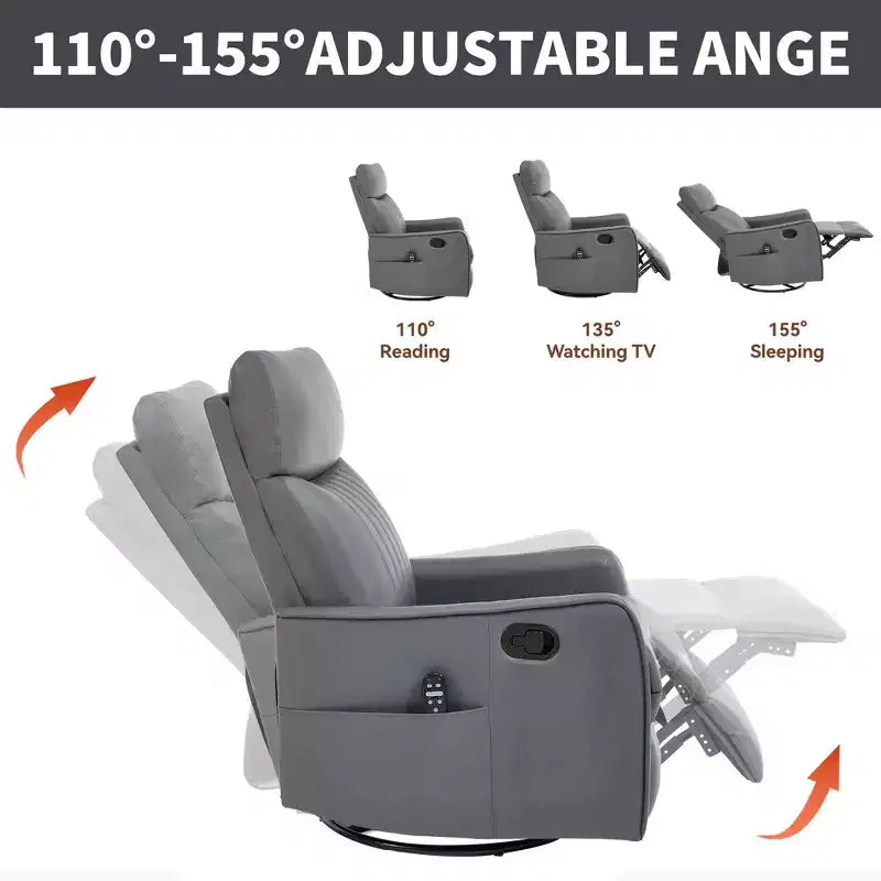 Fauteuil inclinable manuel en simili cuir noir avec massage chauffant, à bascule et pivotant pour salon