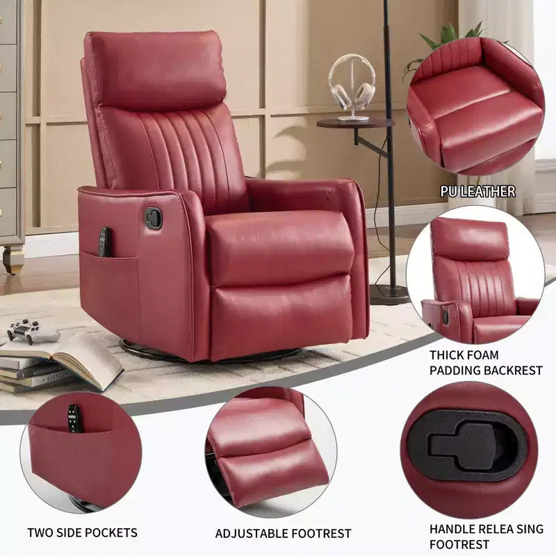 Fauteuil inclinable manuel en simili cuir noir avec massage chauffant, à bascule et pivotant pour salon