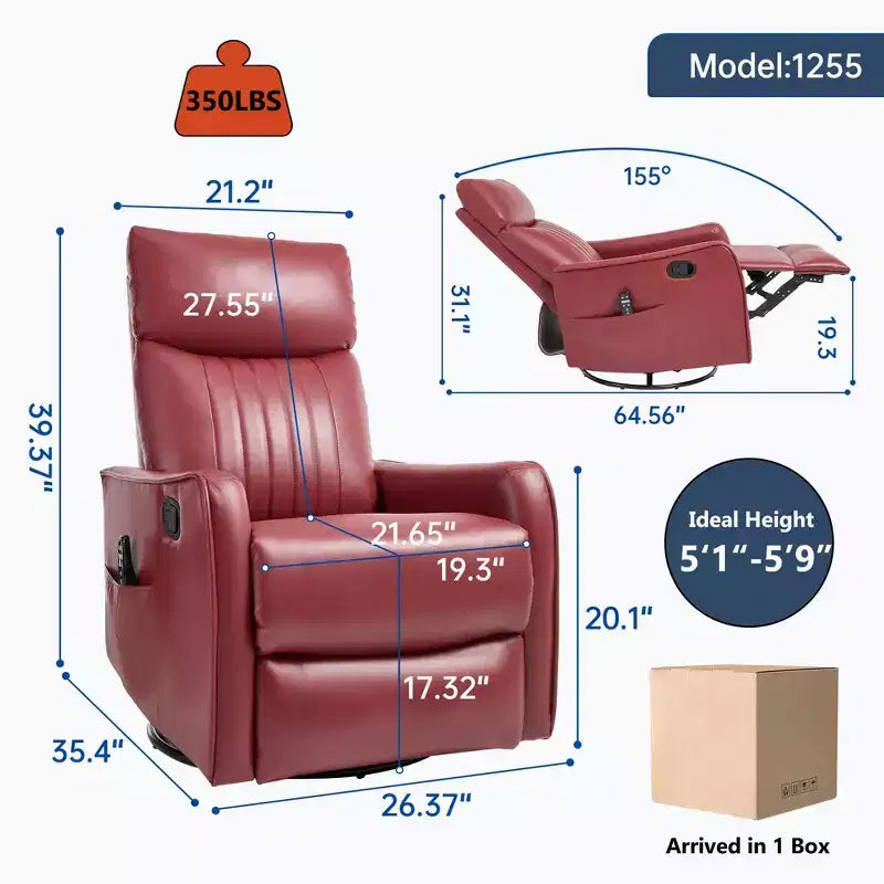 Fauteuil inclinable manuel en simili cuir noir avec massage chauffant, à bascule et pivotant pour salon