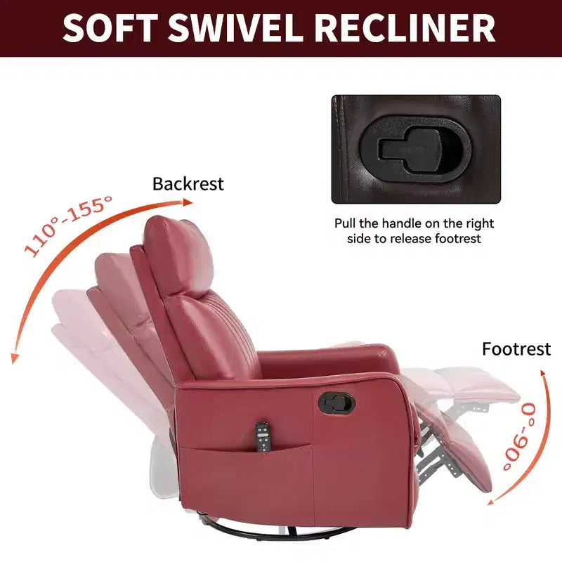 Fauteuil inclinable manuel en simili cuir noir avec massage chauffant, à bascule et pivotant pour salon