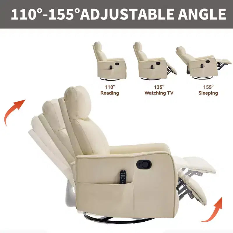 Fauteuil inclinable manuel en simili cuir noir avec massage chauffant, à bascule et pivotant pour salon