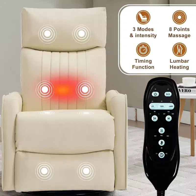 Fauteuil inclinable manuel en simili cuir noir avec massage chauffant, à bascule et pivotant pour salon