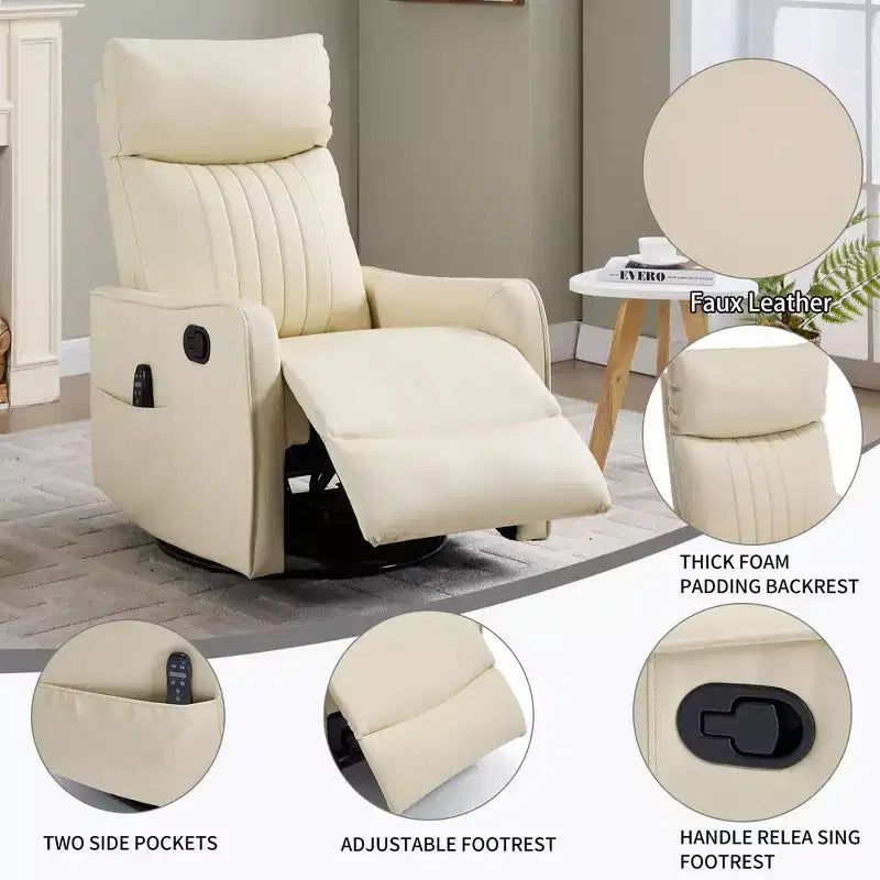 Fauteuil inclinable manuel en simili cuir noir avec massage chauffant, à bascule et pivotant pour salon