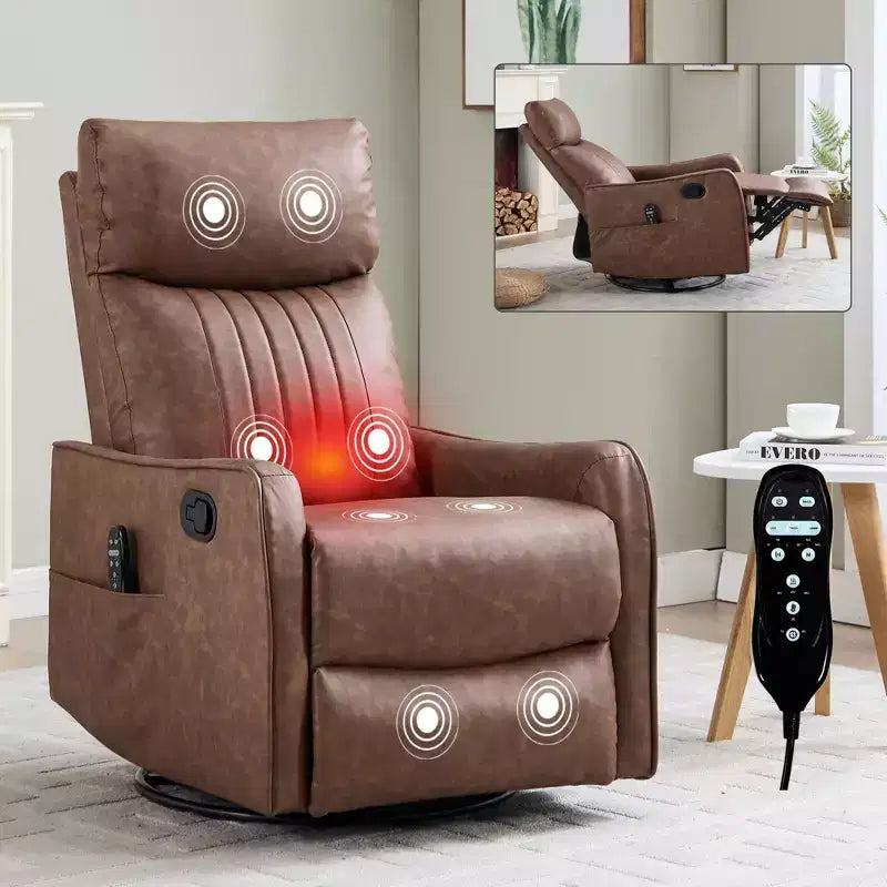 Black Faux Leather Heat Massage Manual Recliner Chair with Rocker and Swivel for Living Room