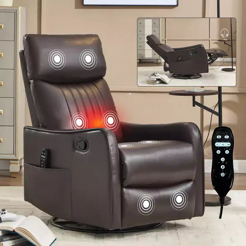 Black Faux Leather Heat Massage Manual Recliner Chair with Rocker and Swivel for Living Room
