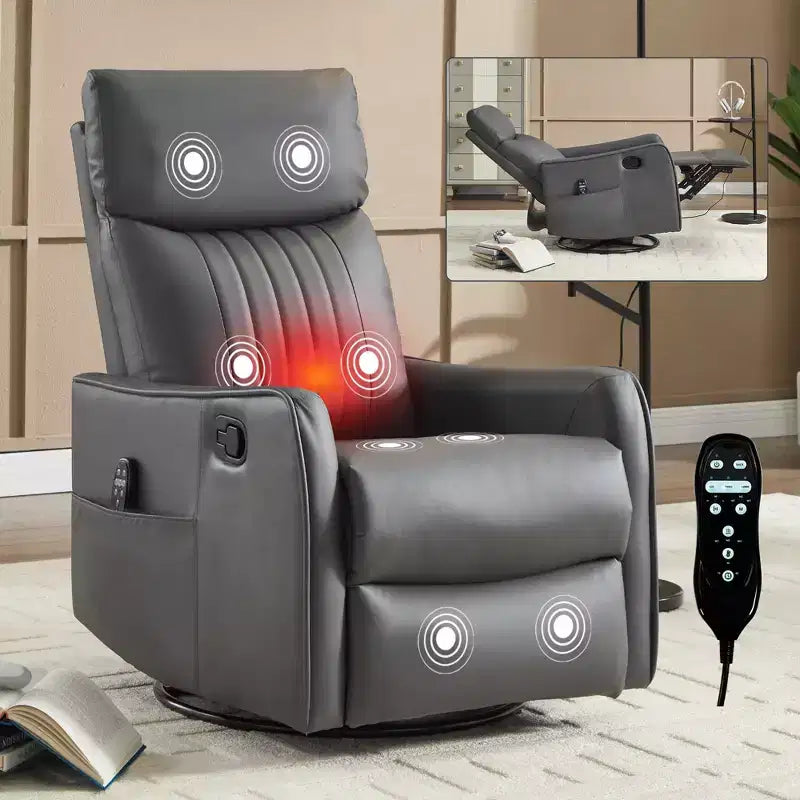 Black Faux Leather Heat Massage Manual Recliner Chair with Rocker and Swivel for Living Room