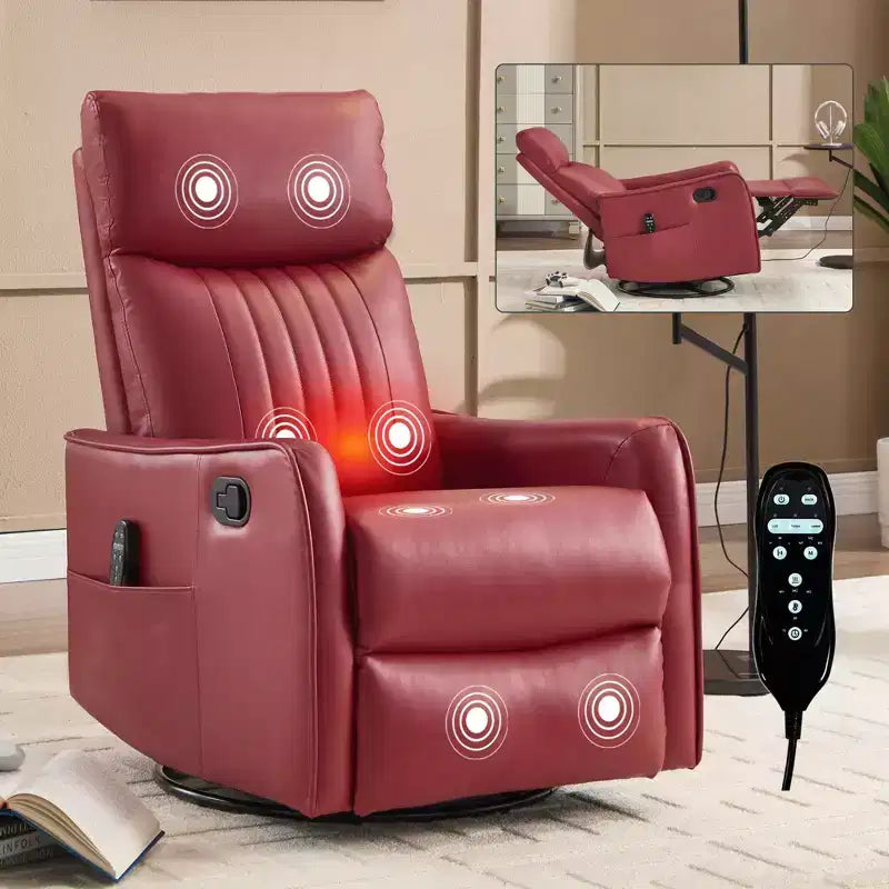 Black Faux Leather Heat Massage Manual Recliner Chair with Rocker and Swivel for Living Room