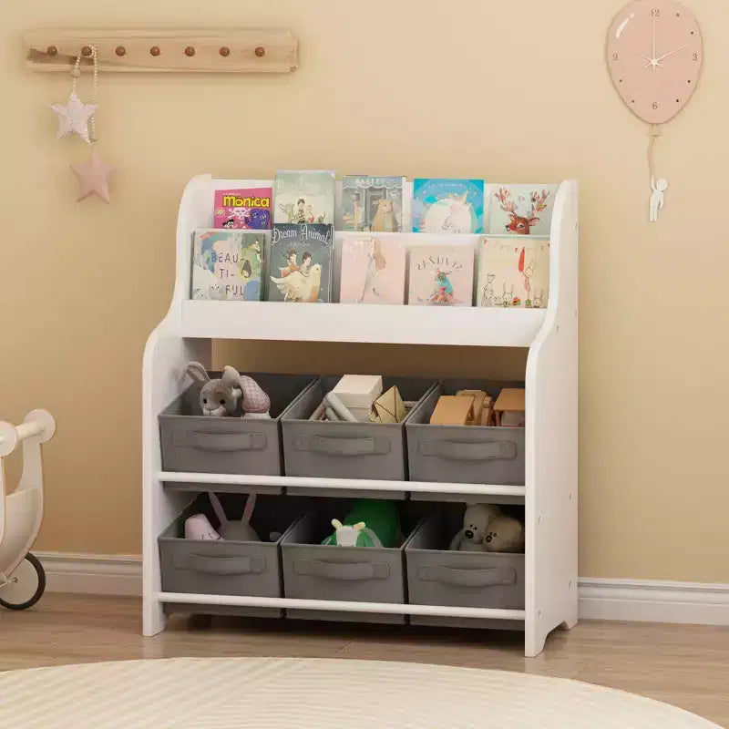 Boekenkast met 6 stoffen opbergmanden, multifunctionele kinderboekenkast en speelgoedorganizer, wit