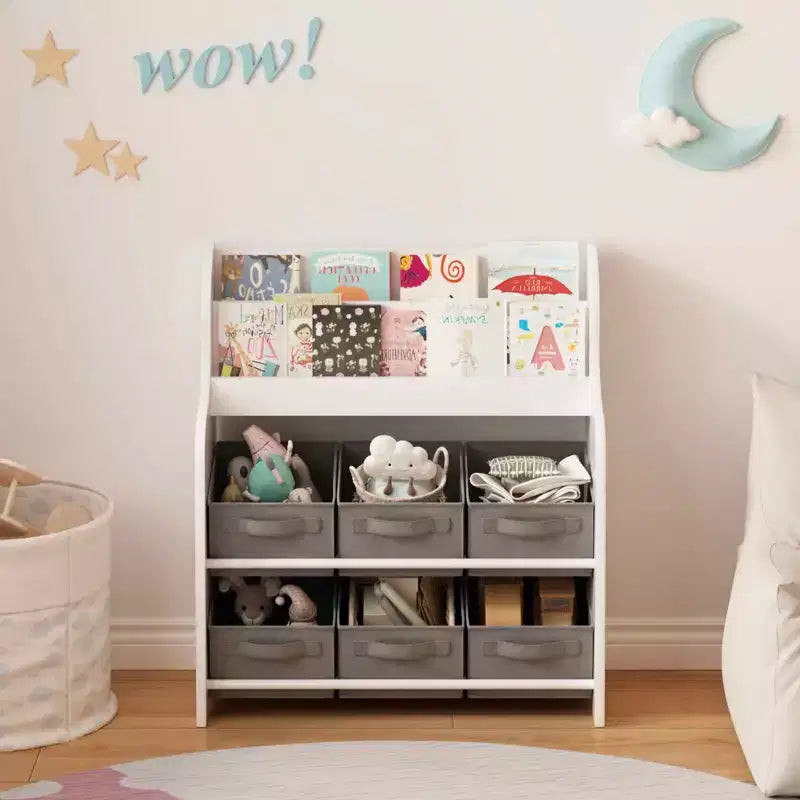 Boekenkast met 6 stoffen opbergmanden, multifunctionele kinderboekenkast en speelgoedorganizer, wit