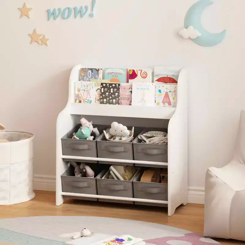 Boekenkast met 6 stoffen opbergmanden, multifunctionele kinderboekenkast en speelgoedorganizer, wit