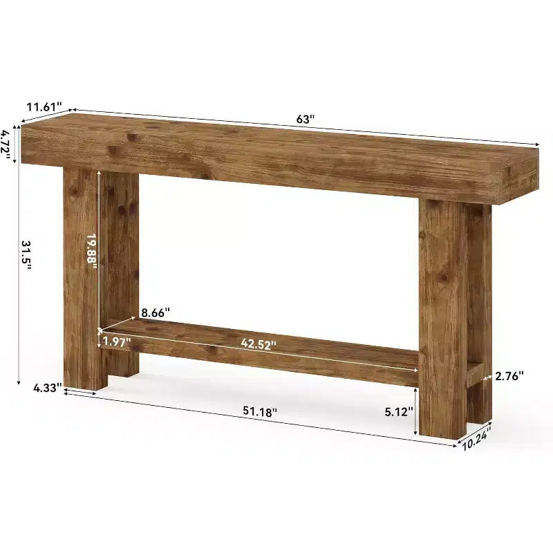 Table console longue en bois massif, table de canapé de ferme à 2 niveaux, salon, couloir, hall d'entrée, marron rustique