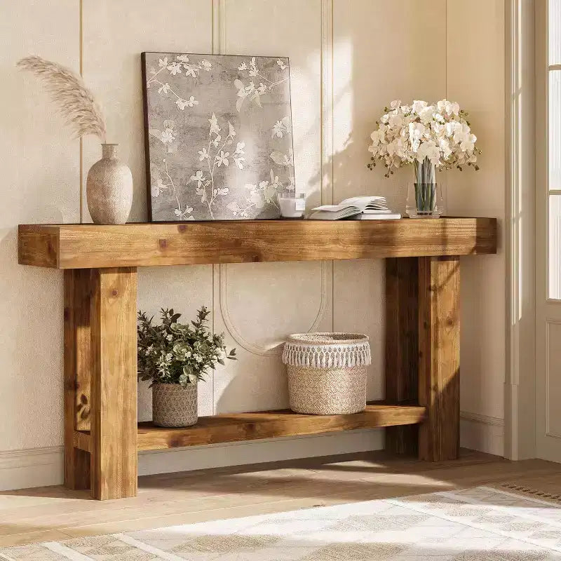 Table console longue en bois massif, table de canapé de ferme à 2 niveaux, salon, couloir, hall d'entrée, marron rustique