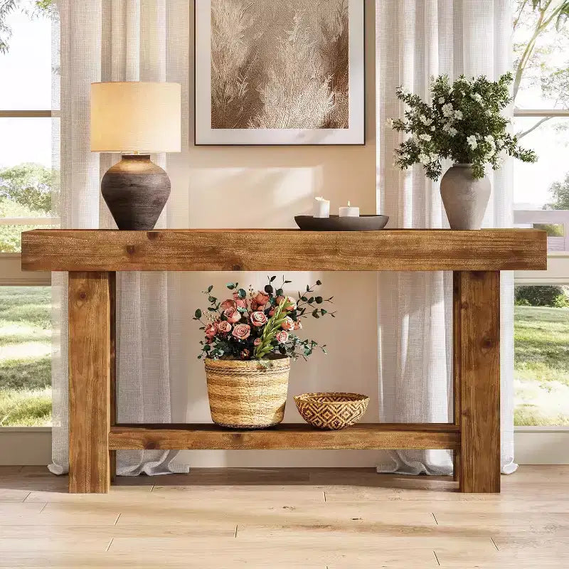 Table console longue en bois massif, table de canapé de ferme à 2 niveaux, salon, couloir, hall d'entrée, marron rustique