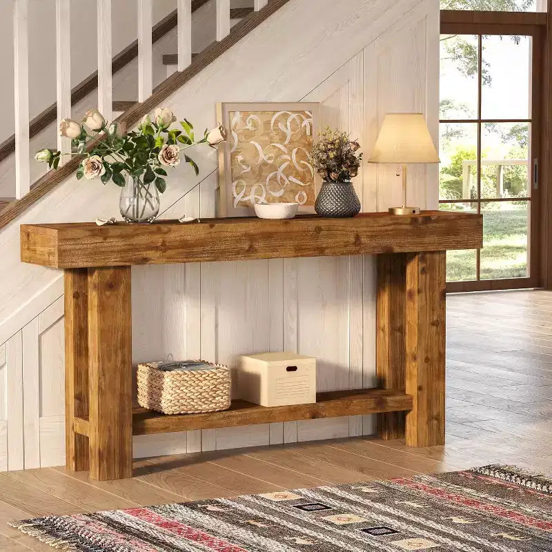 Table console longue en bois massif, table de canapé de ferme à 2 niveaux, salon, couloir, hall d'entrée, marron rustique