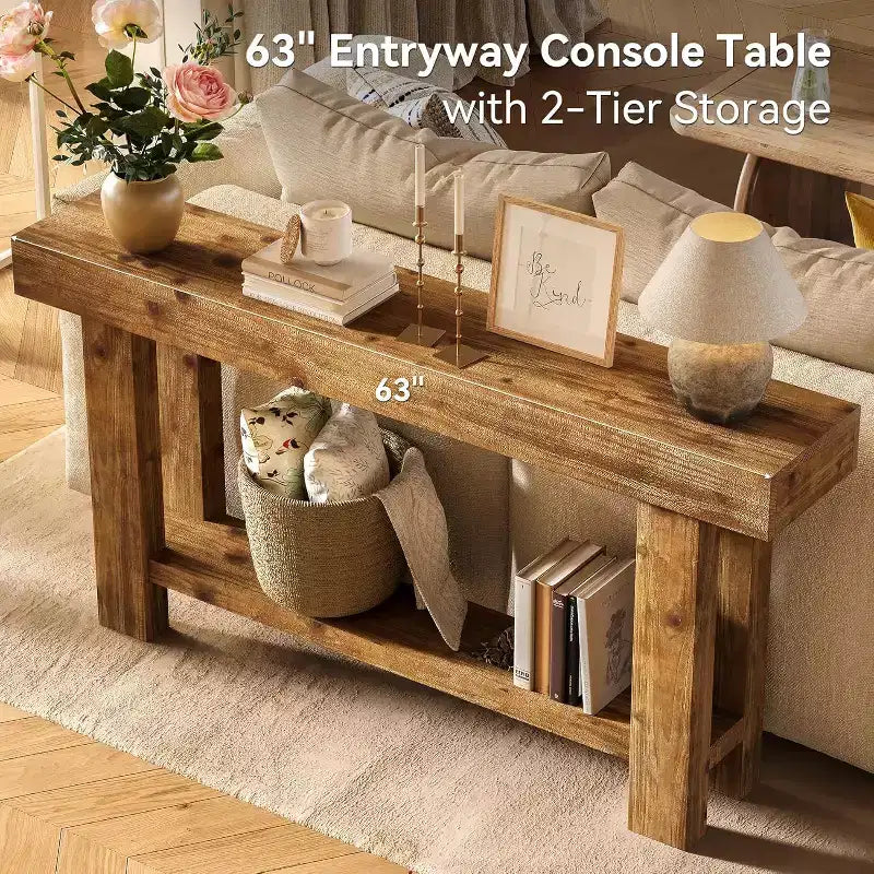 Mesa consola larga de madera maciza, mesa de sofá de granja de 2 niveles para sala, pasillo o recibidor, marrón rústico