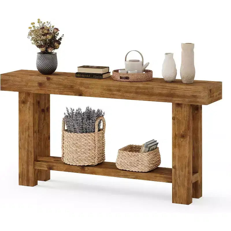 Mesa consola larga de madera maciza, mesa de sofá de granja de 2 niveles para sala, pasillo o recibidor, marrón rústico