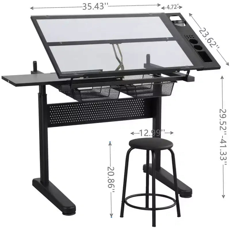 Tavolo da Disegno Regolabile a Manovella con 2 Cassetti in Metallo, Nero, Include Sgabello