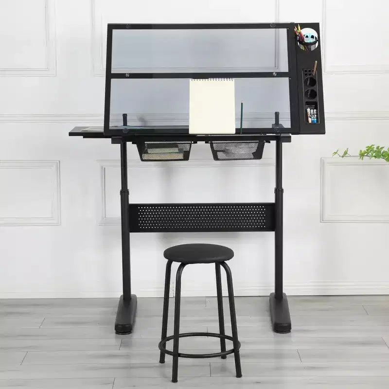 Hand-Crank Adjustable Drafting Table with 2 Metal Drawers, Black, Includes Stool