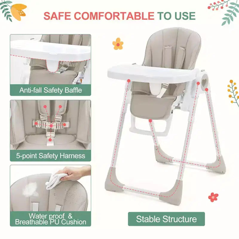 Makkelijk schoon te maken hoge stoelen voor baby's met verstelbare hoogte, 5 ligposities, afneembaar dubbel dienblad en 5-punts veiligheidsgordel