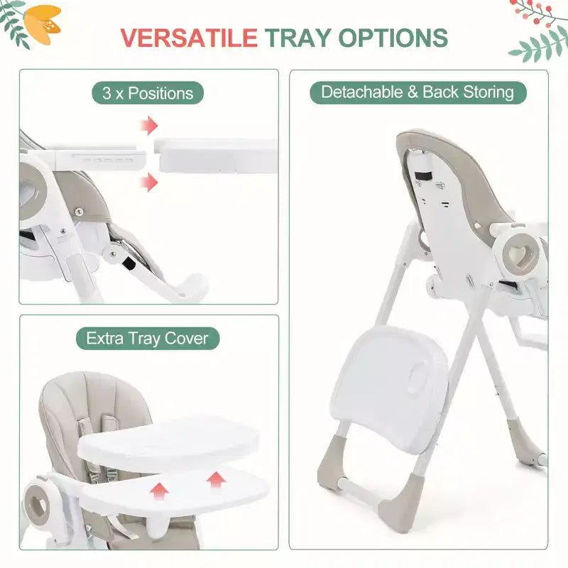 Makkelijk schoon te maken hoge stoelen voor baby's met verstelbare hoogte, 5 ligposities, afneembaar dubbel dienblad en 5-punts veiligheidsgordel