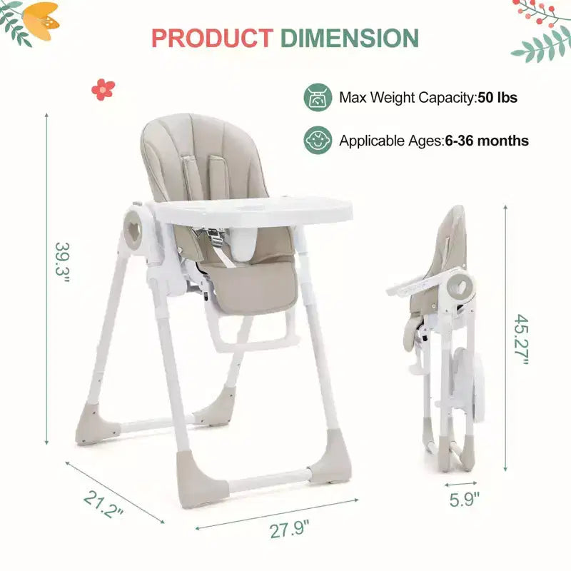 Makkelijk schoon te maken hoge stoelen voor baby's met verstelbare hoogte, 5 ligposities, afneembaar dubbel dienblad en 5-punts veiligheidsgordel
