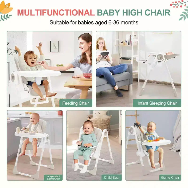 Makkelijk schoon te maken hoge stoelen voor baby's met verstelbare hoogte, 5 ligposities, afneembaar dubbel dienblad en 5-punts veiligheidsgordel