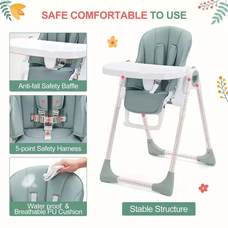 Makkelijk schoon te maken hoge stoelen voor baby's met verstelbare hoogte, 5 ligposities, afneembaar dubbel dienblad en 5-punts veiligheidsgordel