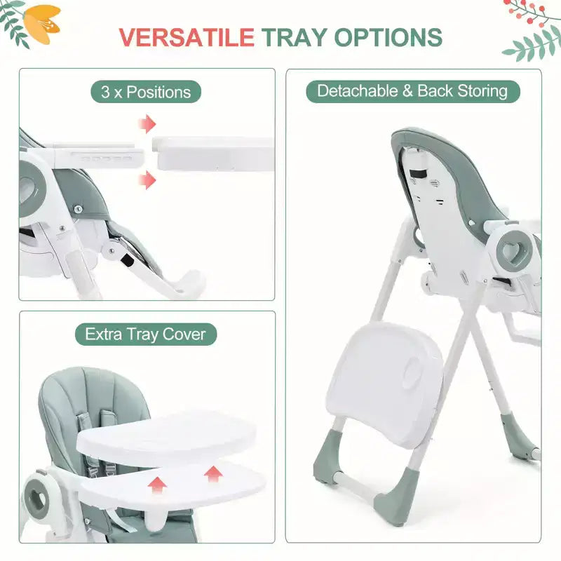 Makkelijk schoon te maken hoge stoelen voor baby's met verstelbare hoogte, 5 ligposities, afneembaar dubbel dienblad en 5-punts veiligheidsgordel